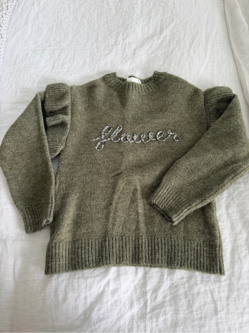 Flower Embroidered Olive Green Girls Sweater